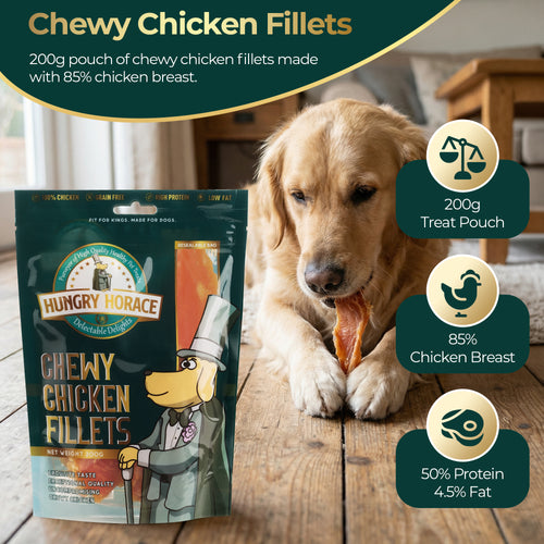 Hungry Horace Chewy Chicken Fillets packaging with a dog enjoying the treat on a wooden floor.