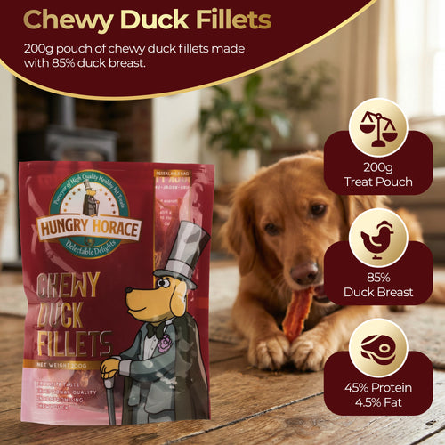 Hungry Horace Chewy Duck Fillets packaging with a dog eating a treat in the background