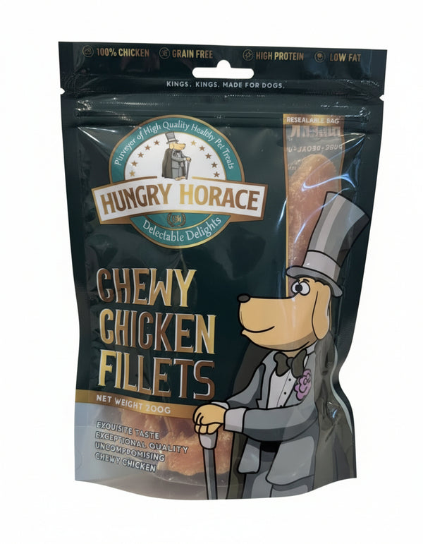 Picture of the front of  Hungry Horace Chewy Chicken Fillets in there 200g Packaging