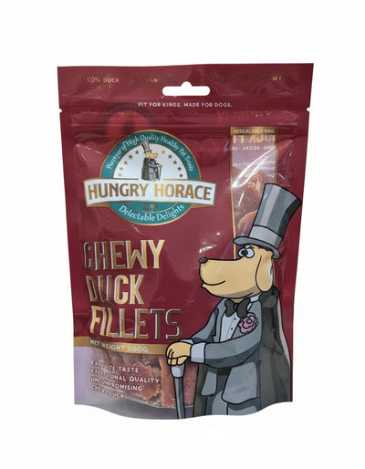 Front of packet of 200g Hungry Horace Duck Fillets