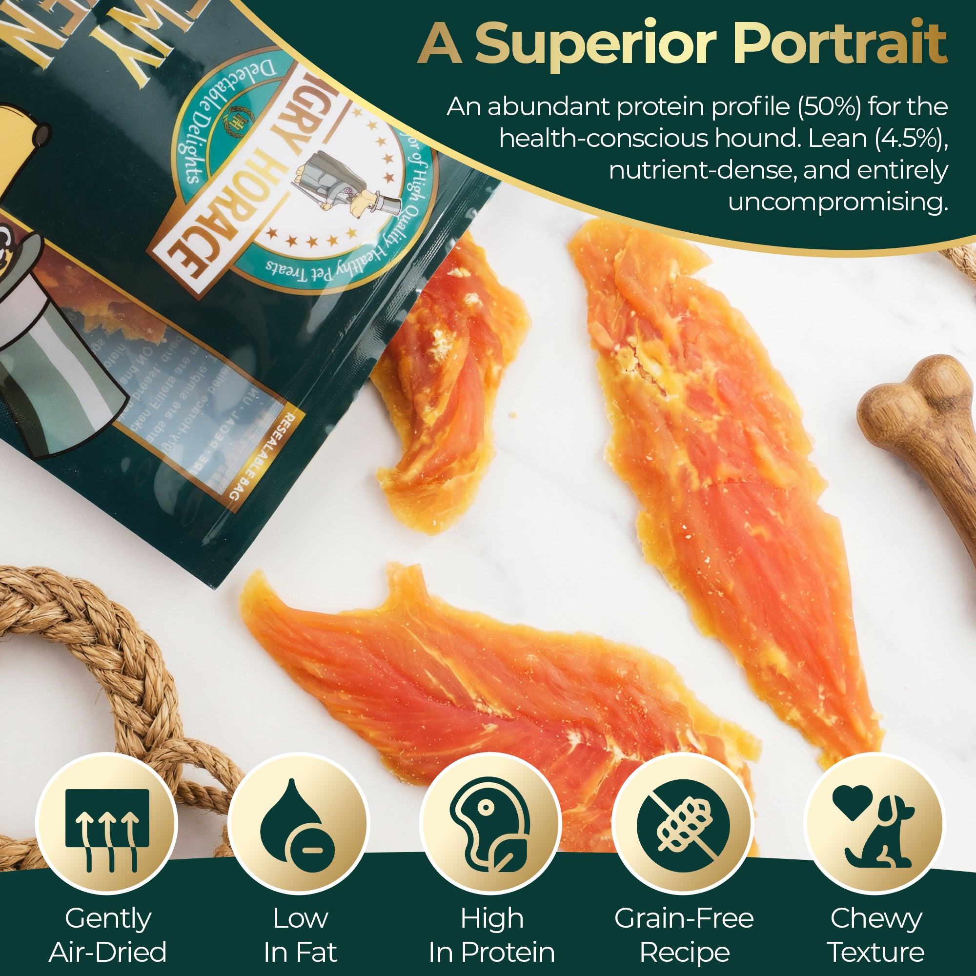 Dog food product with dried meat slices and packaging, featuring text about protein profile and benefits.